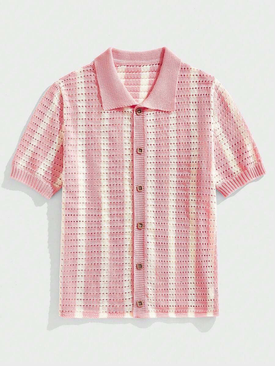 Polo décontracté rayé à manches courtes avec col ajouré pour hommes