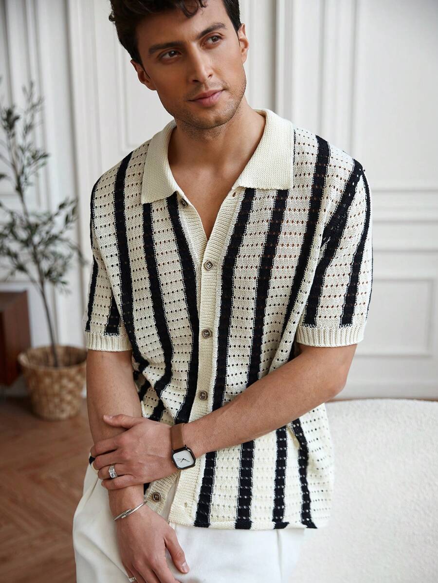Polo décontracté rayé à manches courtes avec col ajouré pour hommes