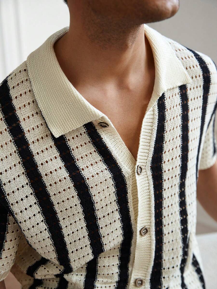 Polo décontracté rayé à manches courtes avec col ajouré pour hommes