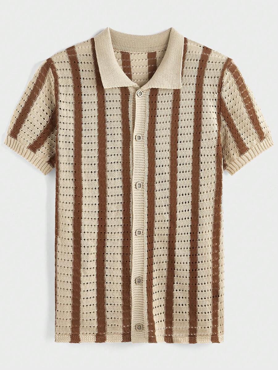 Polo décontracté rayé à manches courtes avec col ajouré pour hommes