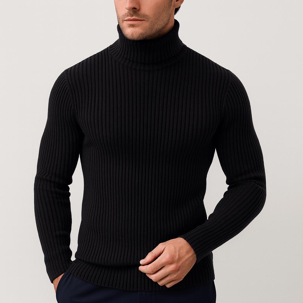 Pull à col roulé pour homme, côtelé, thermique et élastique, de couleur unie