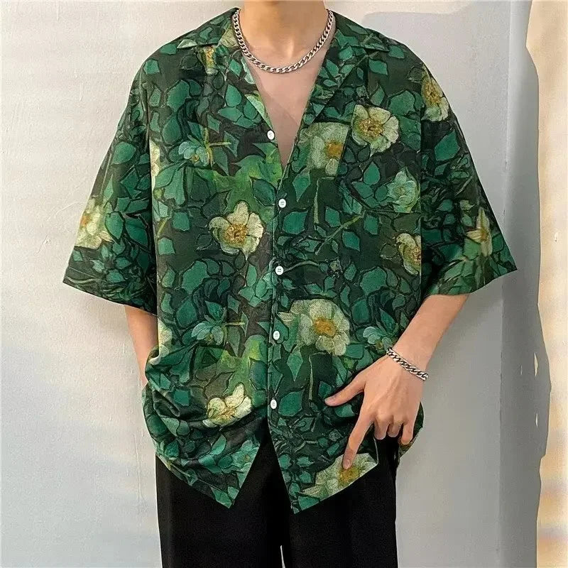Chemise jacquard en soie glacée à col cubain et motif floral – Style rétro été pour homme