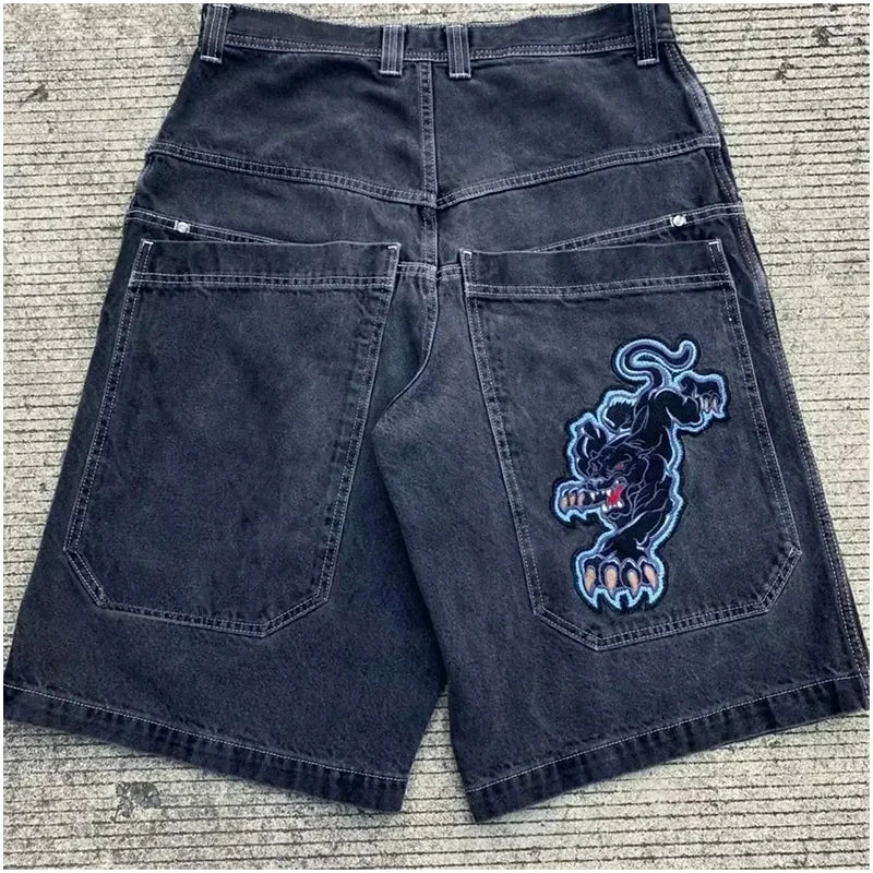 Jorts en jean larges brodés style gothique Y2K streetwear homme