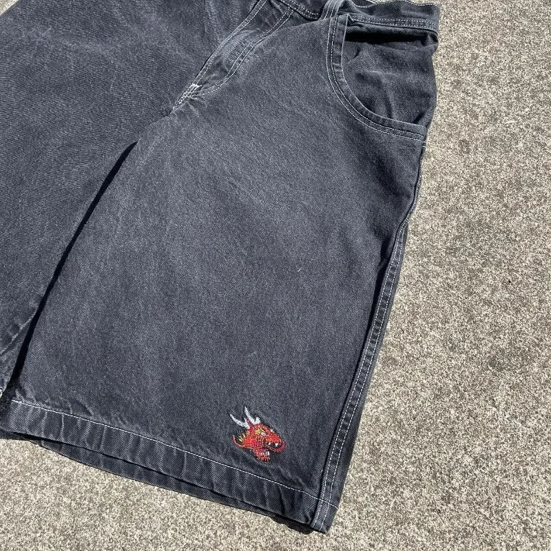 Jorts en jean larges brodés style gothique Y2K streetwear homme
