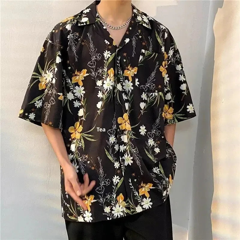 Chemise jacquard en soie glacée à col cubain et motif floral – Style rétro été pour homme