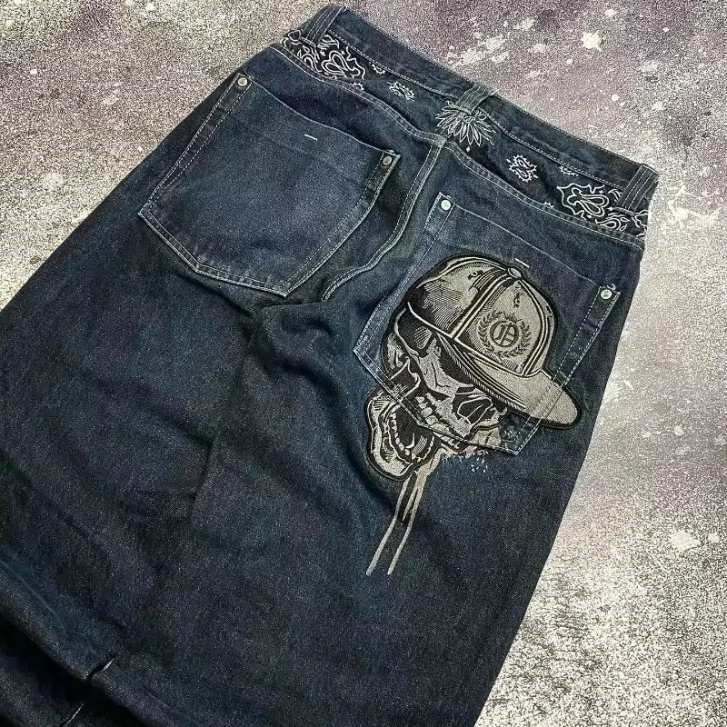Pantalon ample brodé tête de mort pour homme – Streetwear à jambes larges