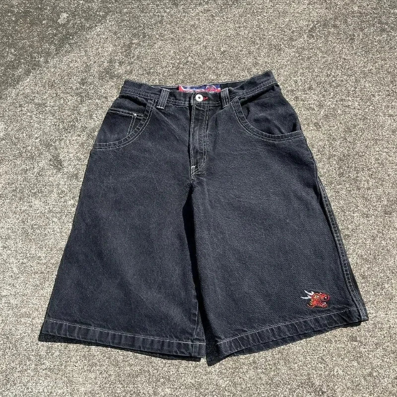 Jorts en jean larges brodés style gothique Y2K streetwear homme