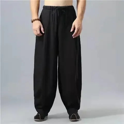 Pantalon de lin coupe ample avec taille élastique et lien à la cheville