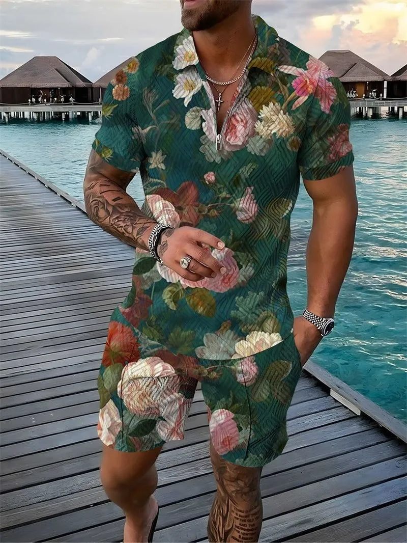 Deux ensembles polo fleuri et short pour homme – Ensemble décontracté d'été