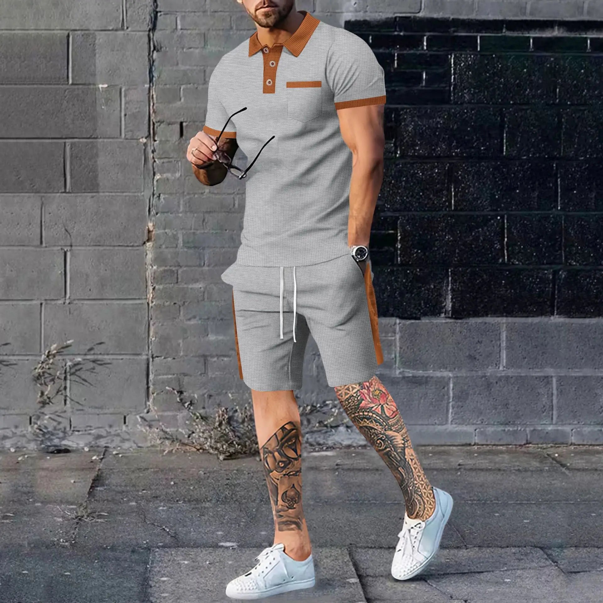 Deux ensemble polo et short en tricot gaufré pour homme – Tenue décontractée