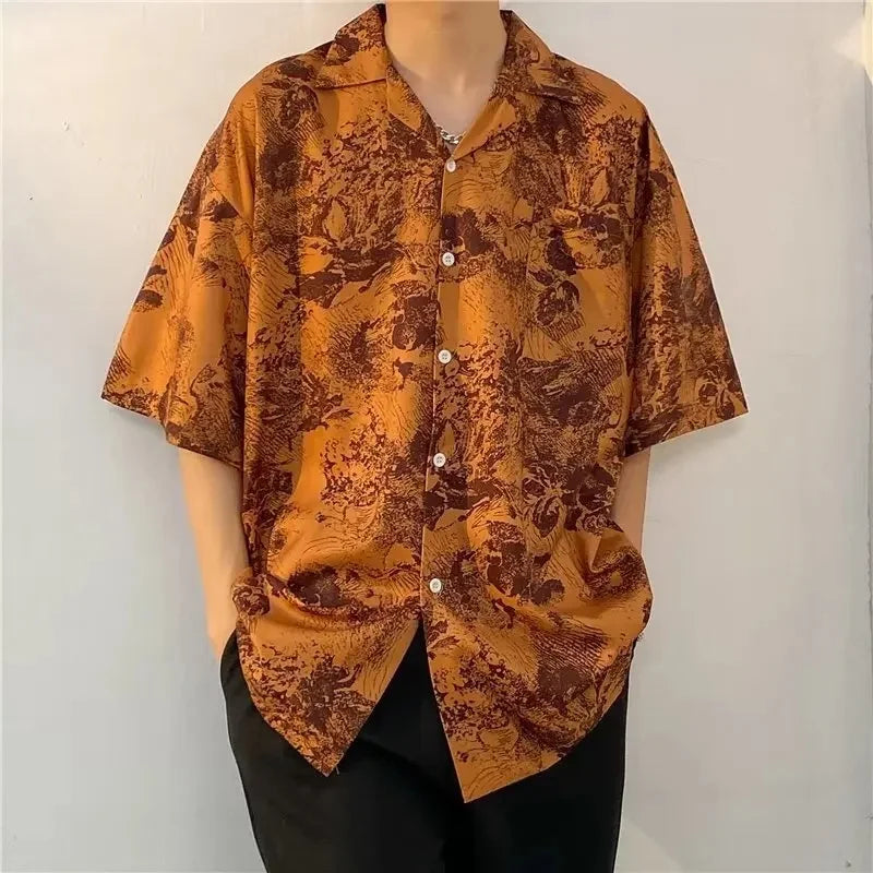 Chemise jacquard en soie glacée à col cubain et motif floral – Style rétro été pour homme