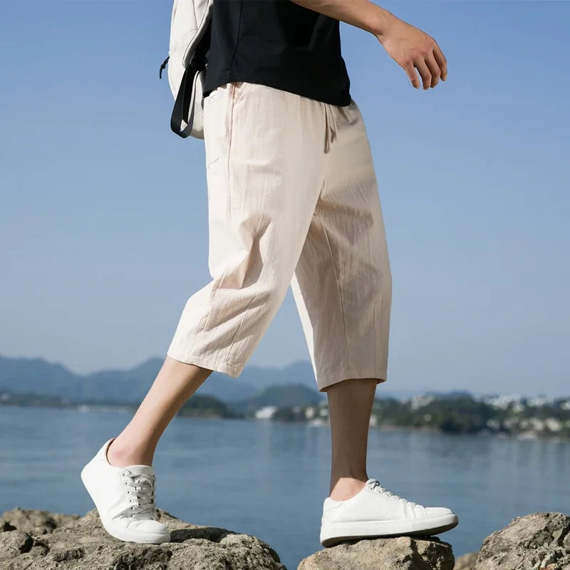 Short d'été décontracté en coton et lin pour homme, taille élastique ample