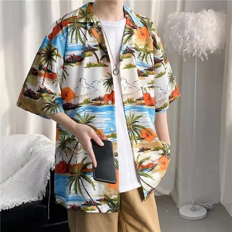 Chemise jacquard en soie glacée à col cubain et motif floral – Style rétro été pour homme