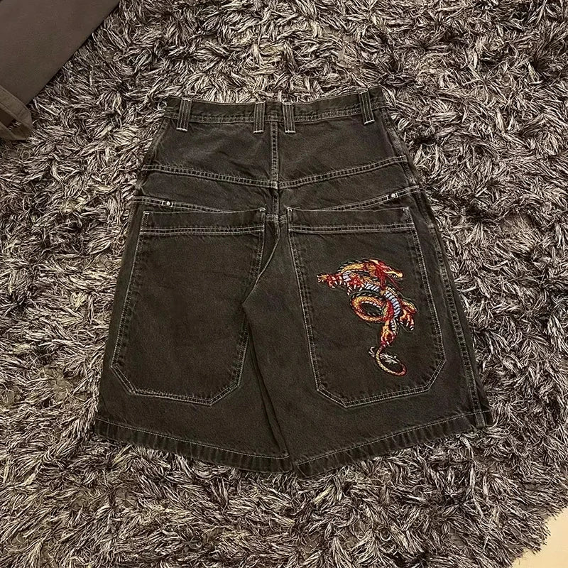 Jorts en jean larges brodés style gothique Y2K streetwear homme