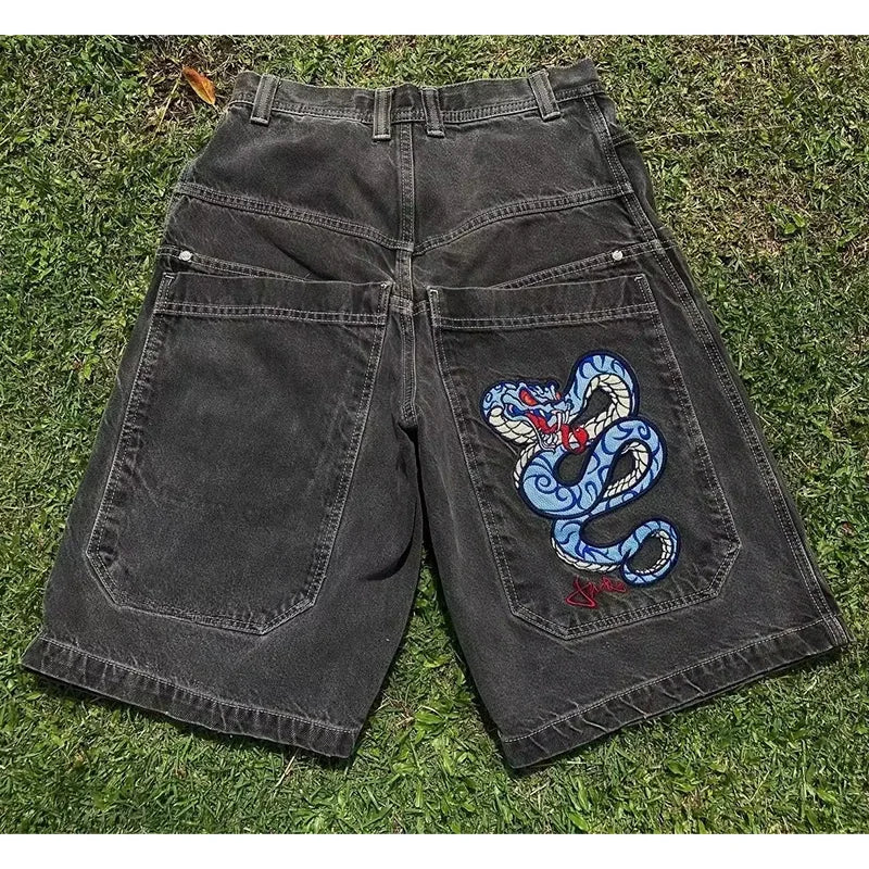 Jorts en jean larges brodés style gothique Y2K streetwear homme