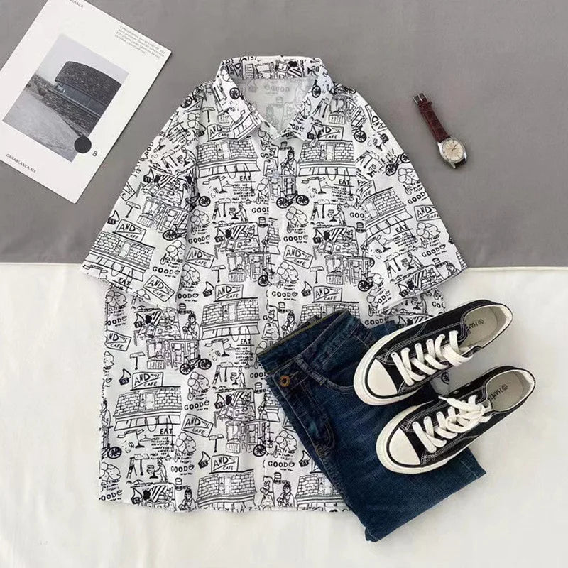 Chemise boutonnée d'été à imprimé dessin animé hawaïen - Décontractée et ample