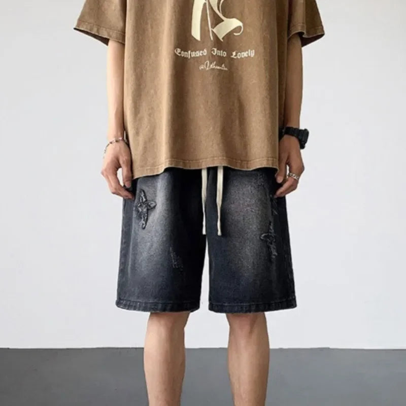 Jorts baggy en jean avec cordon style vintage streetwear homme