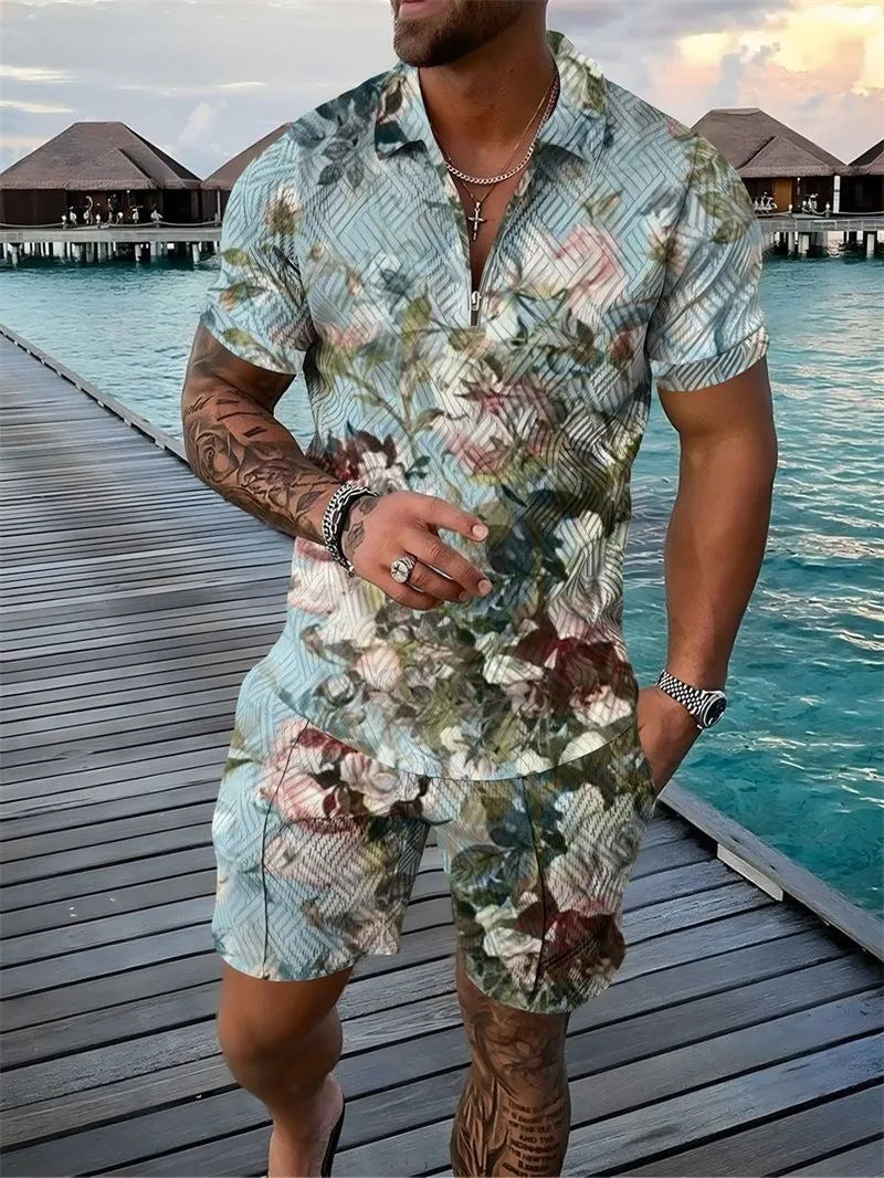 Deux ensembles polo fleuri et short pour homme – Ensemble décontracté d'été