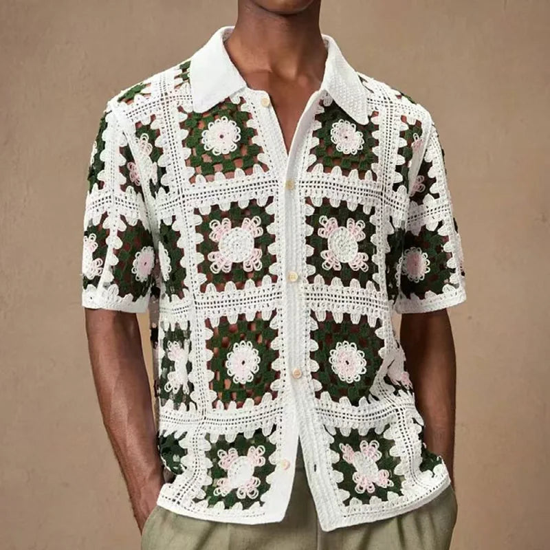 Chemise boutonnée à manches courtes en crochet avec motifs floraux pour homme