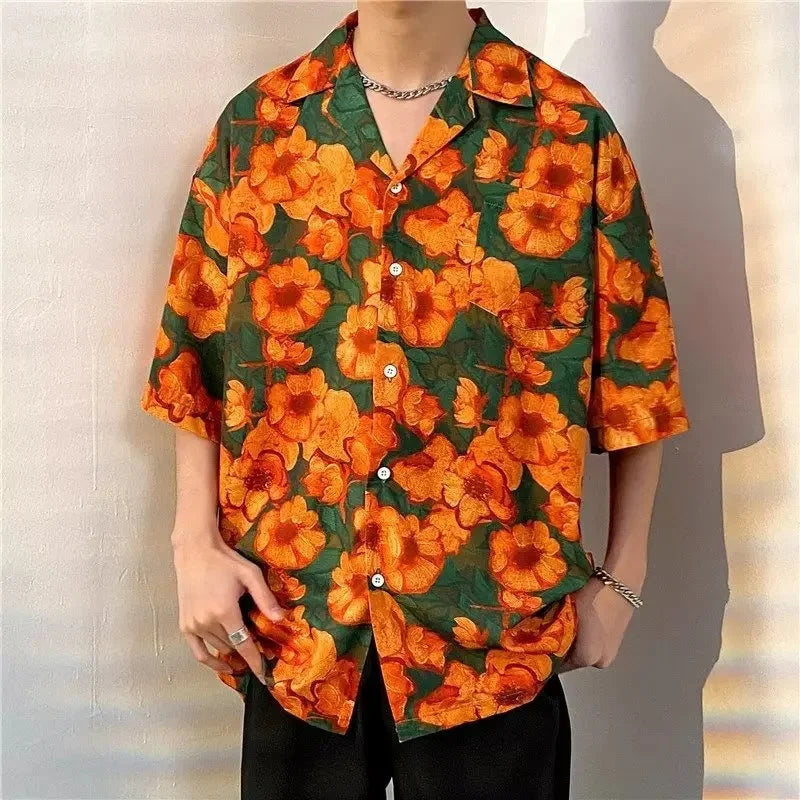 Chemise jacquard en soie glacée à col cubain et motif floral – Style rétro été pour homme