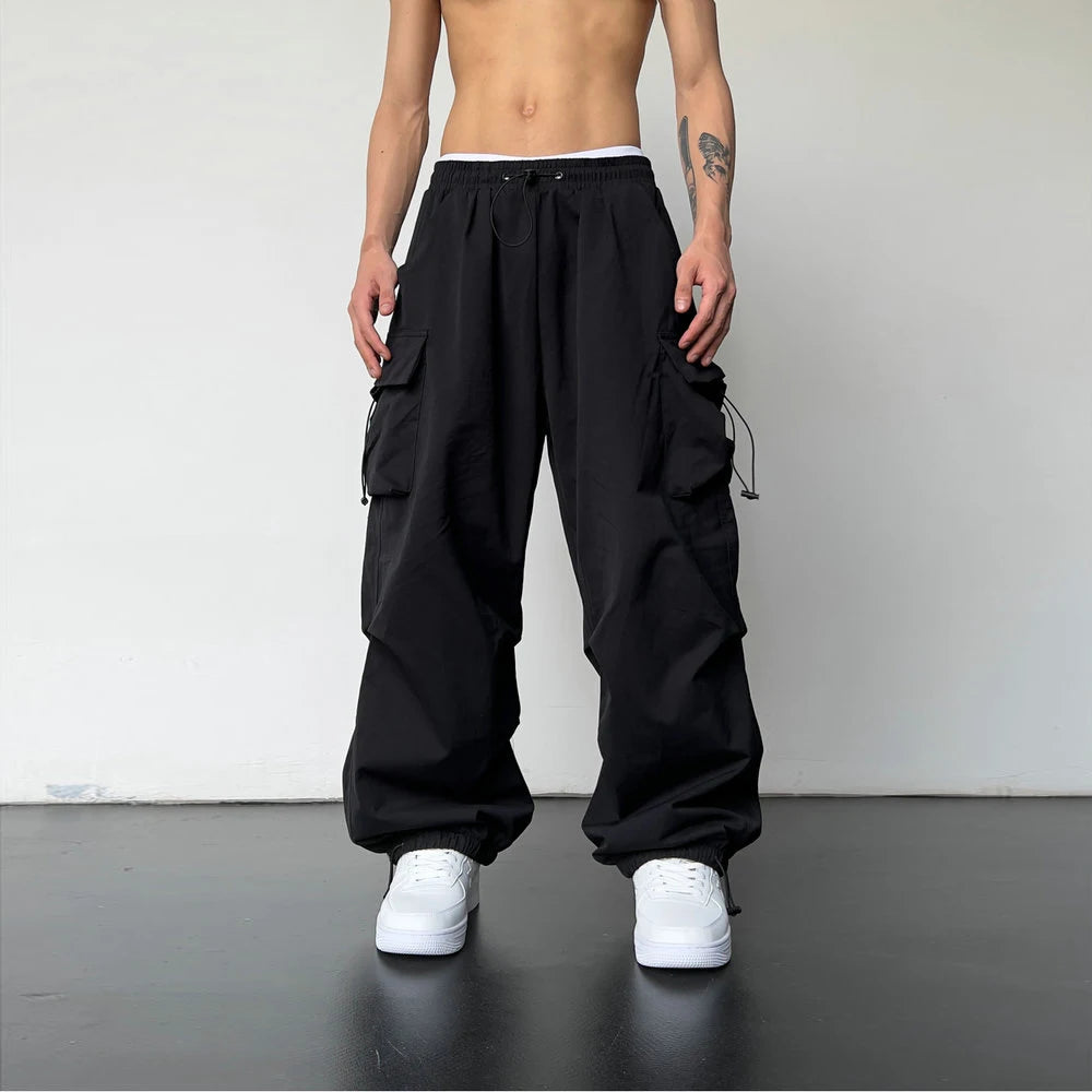 Pantalon cargo décontracté streetwear avec taille élastique style jambe large