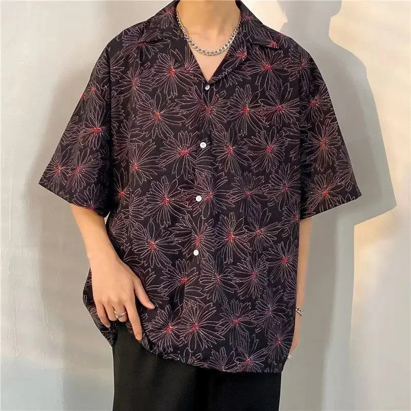 Chemise jacquard en soie glacée à col cubain et motif floral – Style rétro été pour homme