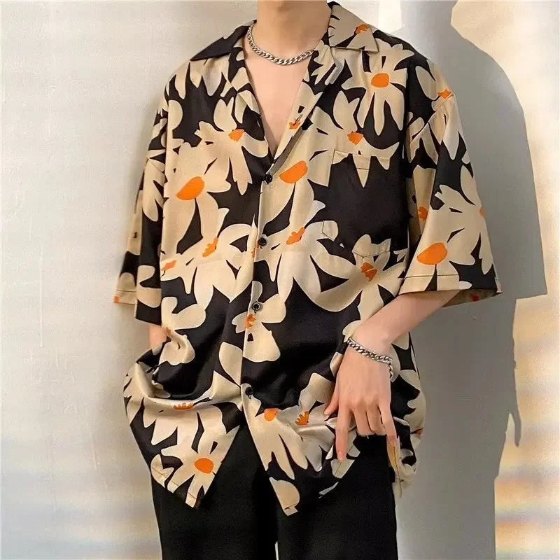 Chemise jacquard en soie glacée à col cubain et motif floral – Style rétro été pour homme