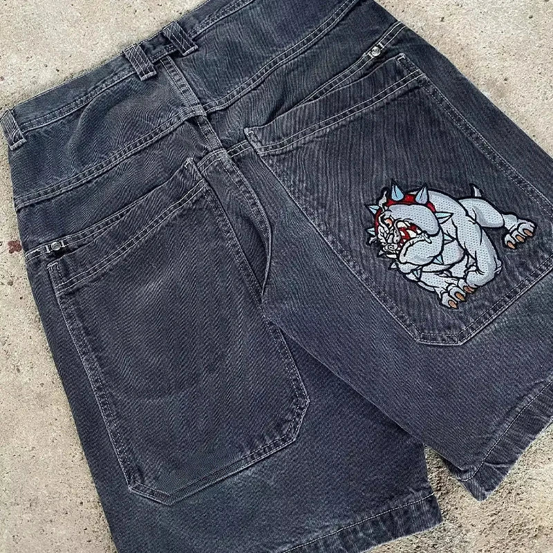 Jorts en jean larges brodés style gothique Y2K streetwear homme