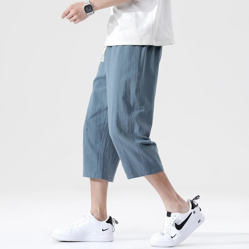 Short d'été décontracté en coton et lin pour homme, taille élastique ample