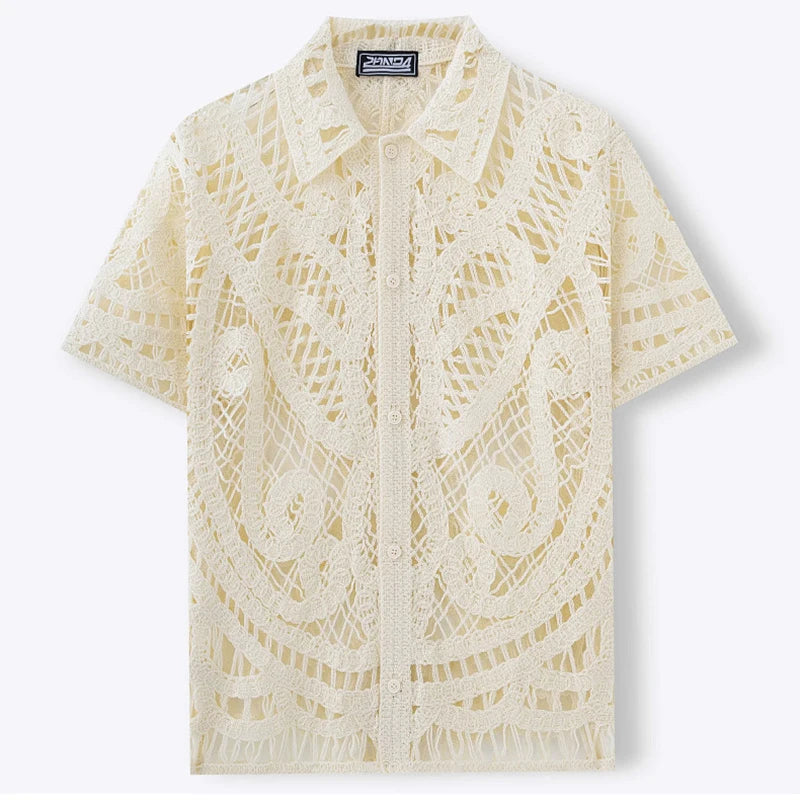 Chemises au crochet homme col cubain brodé été chic tendance