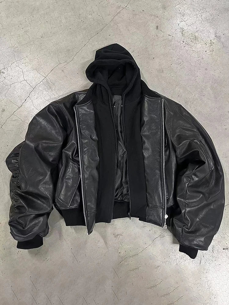 Blouson aviateur oversize à capuche en cuir synthétique pour homme – Style urbain