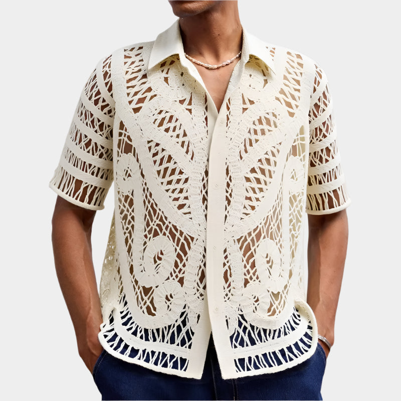 Chemises au crochet homme col cubain brodé été chic tendance
