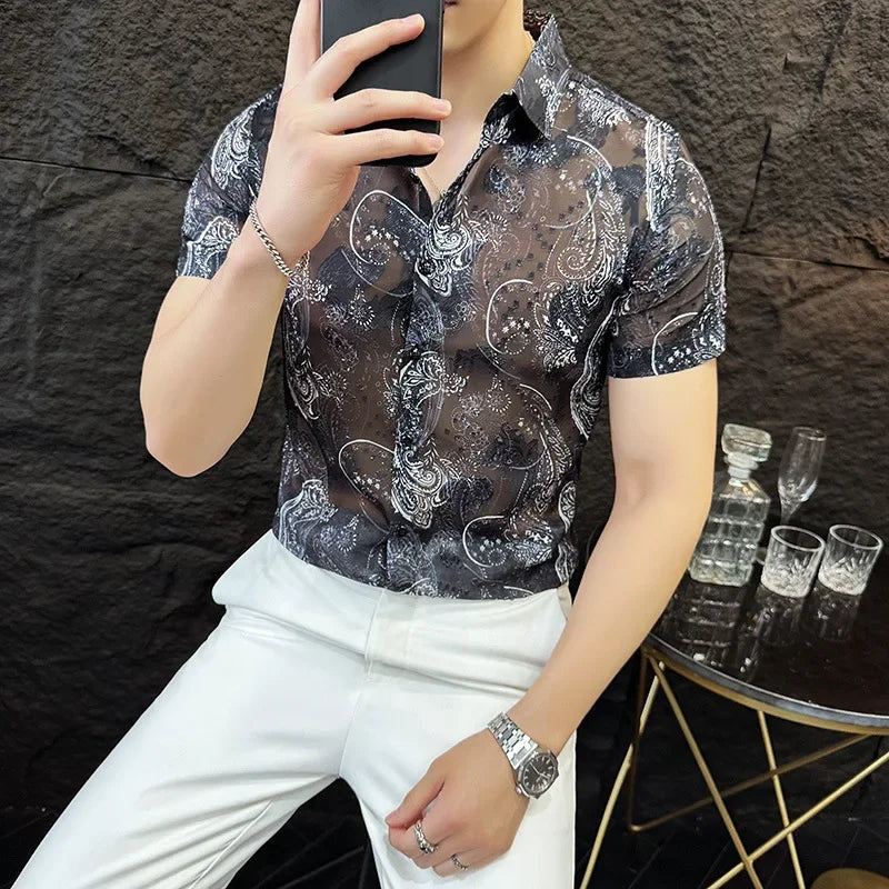 Chemise jacquard à manches courtes et motif floral de style coréen pour homme