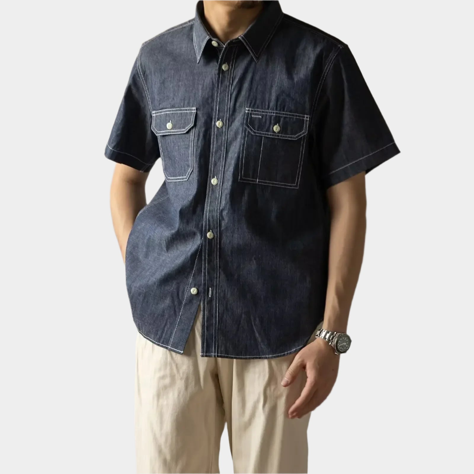 Chemise d'été en jean vintage coupe ample à manches courtes pour homme