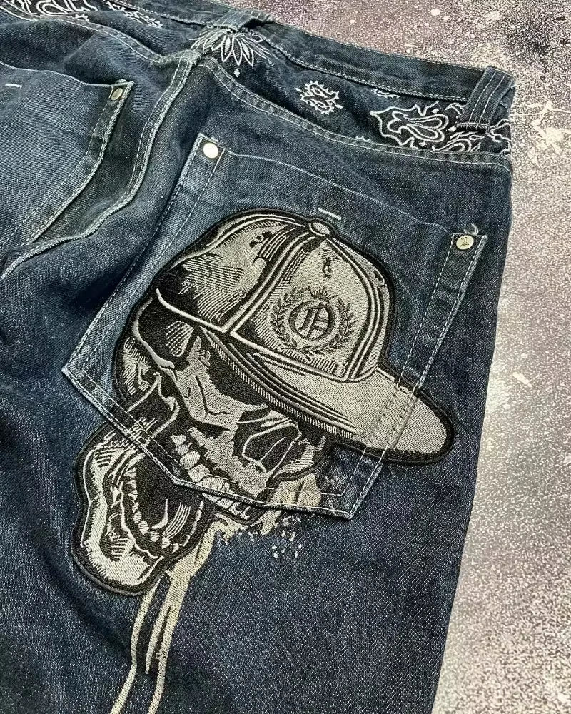 Pantalon ample brodé tête de mort pour homme – Streetwear à jambes larges