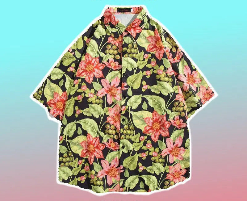 Chemise boutonnée d'été à imprimé dessin animé hawaïen - Décontractée et ample