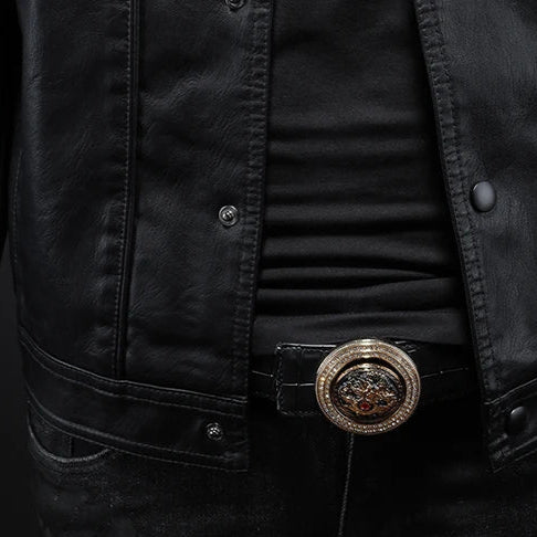 Veste en cuir élégante – coupe slim pour homme avec revers crantés