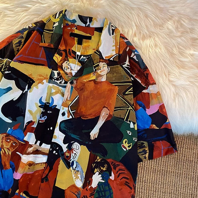 Chemise boutonnée d'été à imprimé dessin animé hawaïen - Décontractée et ample