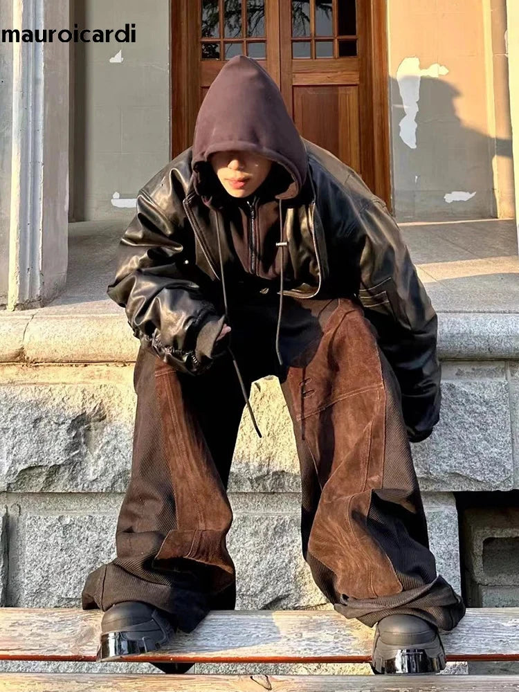 Blouson aviateur oversize à capuche en cuir synthétique pour homme – Style urbain