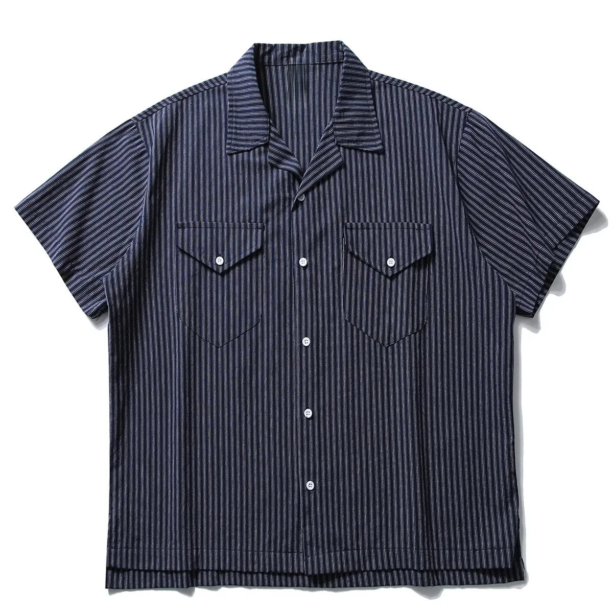 Chemise rayée à manches courtes avec boutons et col cubain pour homme
