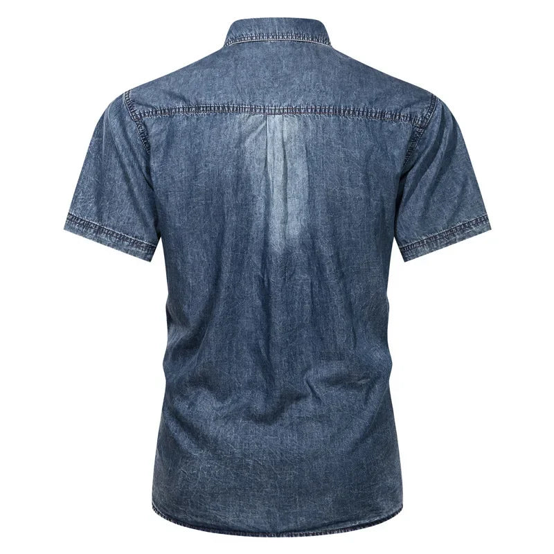 Chemises en jean boutonnées à poches multiples et manches courtes pour hommes
