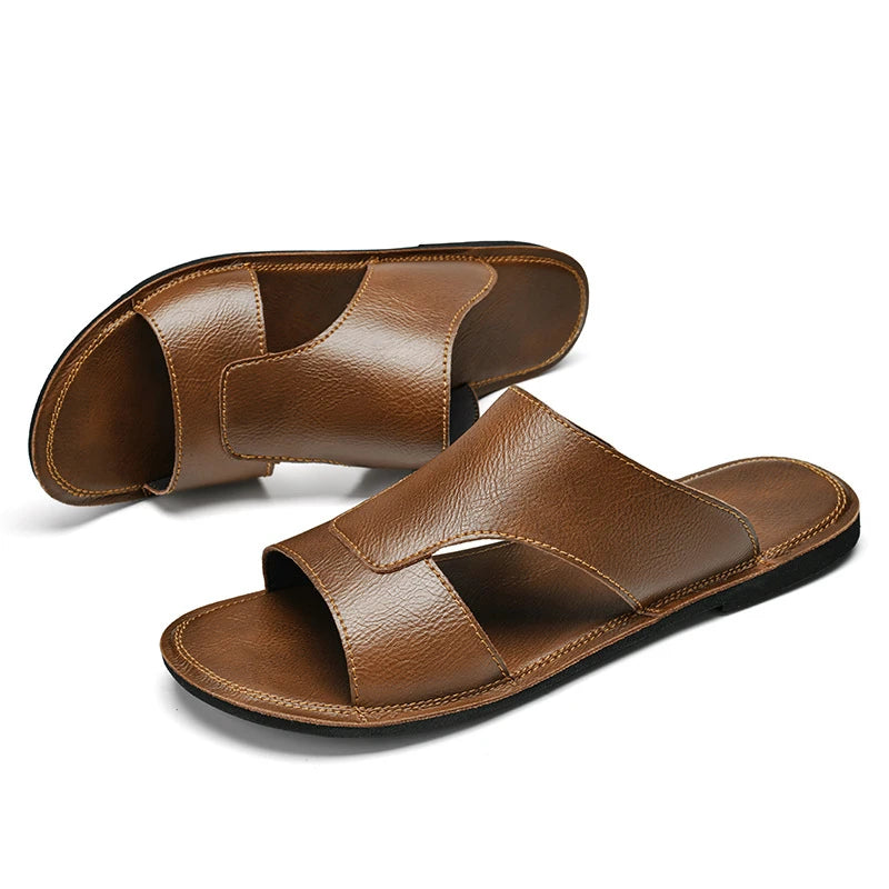 Claquettes en cuir véritable à semelle souple pour homme - Tenue de plage d'été