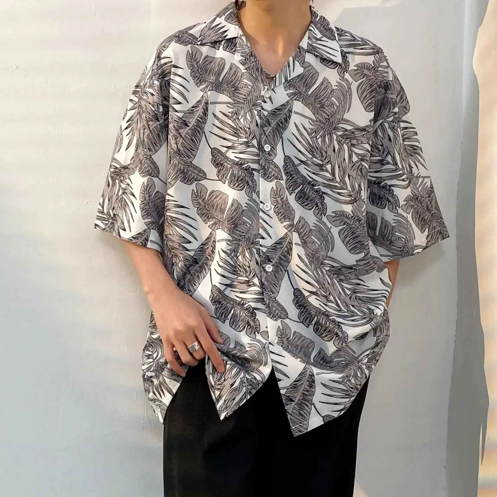 Chemise jacquard en soie glacée à col cubain et motif floral – Style rétro été pour homme