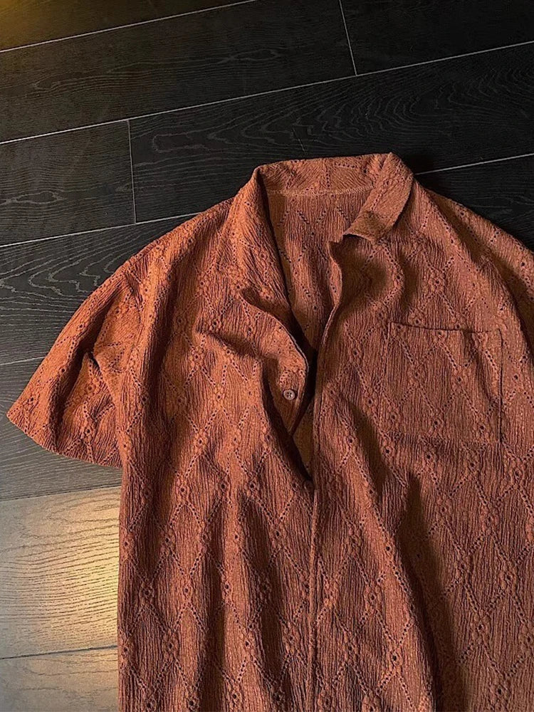 Chemise boutonnée décontractée en tricot vintage ajourée pour homme