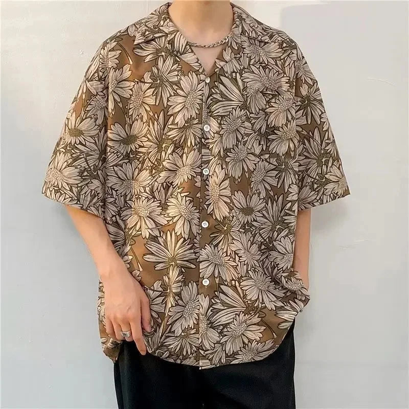 Chemise jacquard en soie glacée à col cubain et motif floral – Style rétro été pour homme