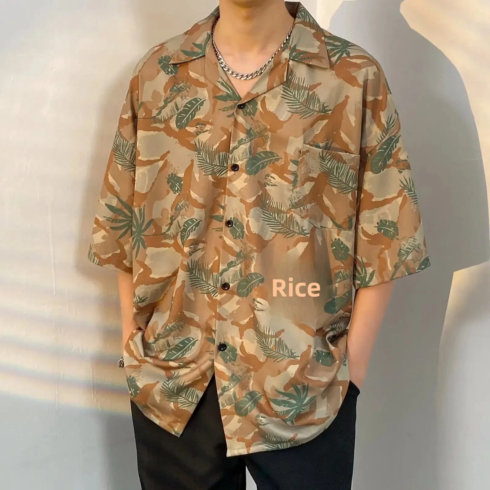 Chemise jacquard en soie glacée à col cubain et motif floral – Style rétro été pour homme