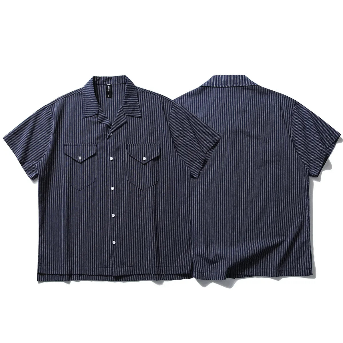 Chemise rayée à manches courtes avec boutons et col cubain pour homme