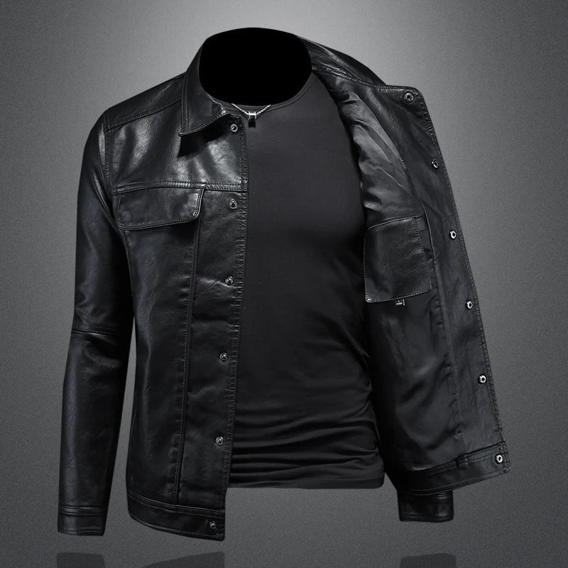 Veste en cuir élégante – coupe slim pour homme avec revers crantés