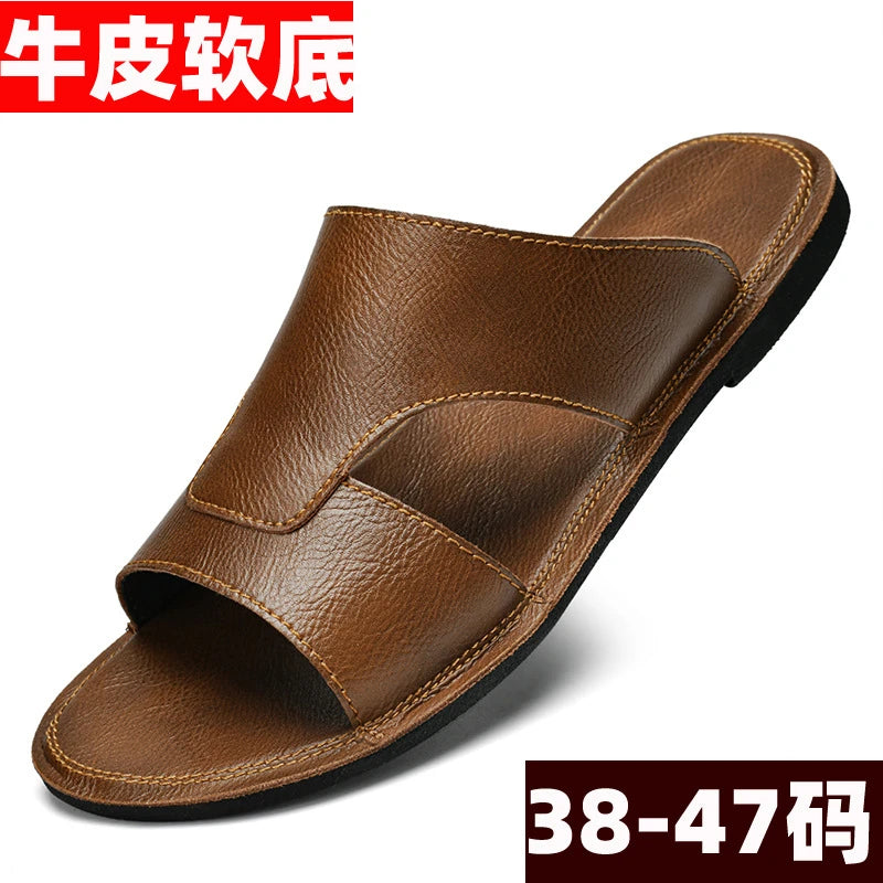 Claquettes en cuir véritable à semelle souple pour homme - Tenue de plage d'été