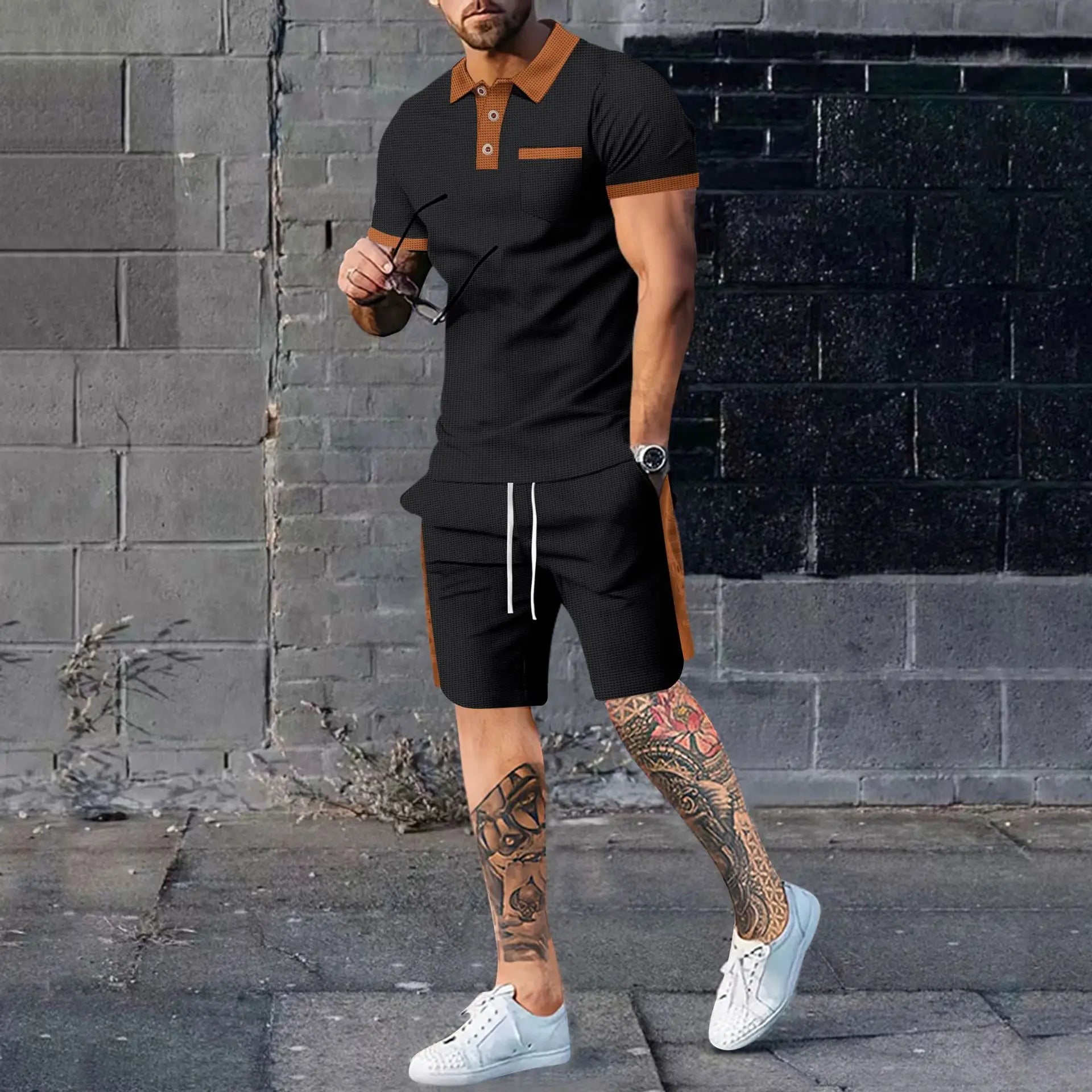 Deux ensemble polo et short en tricot gaufré pour homme – Tenue décontractée